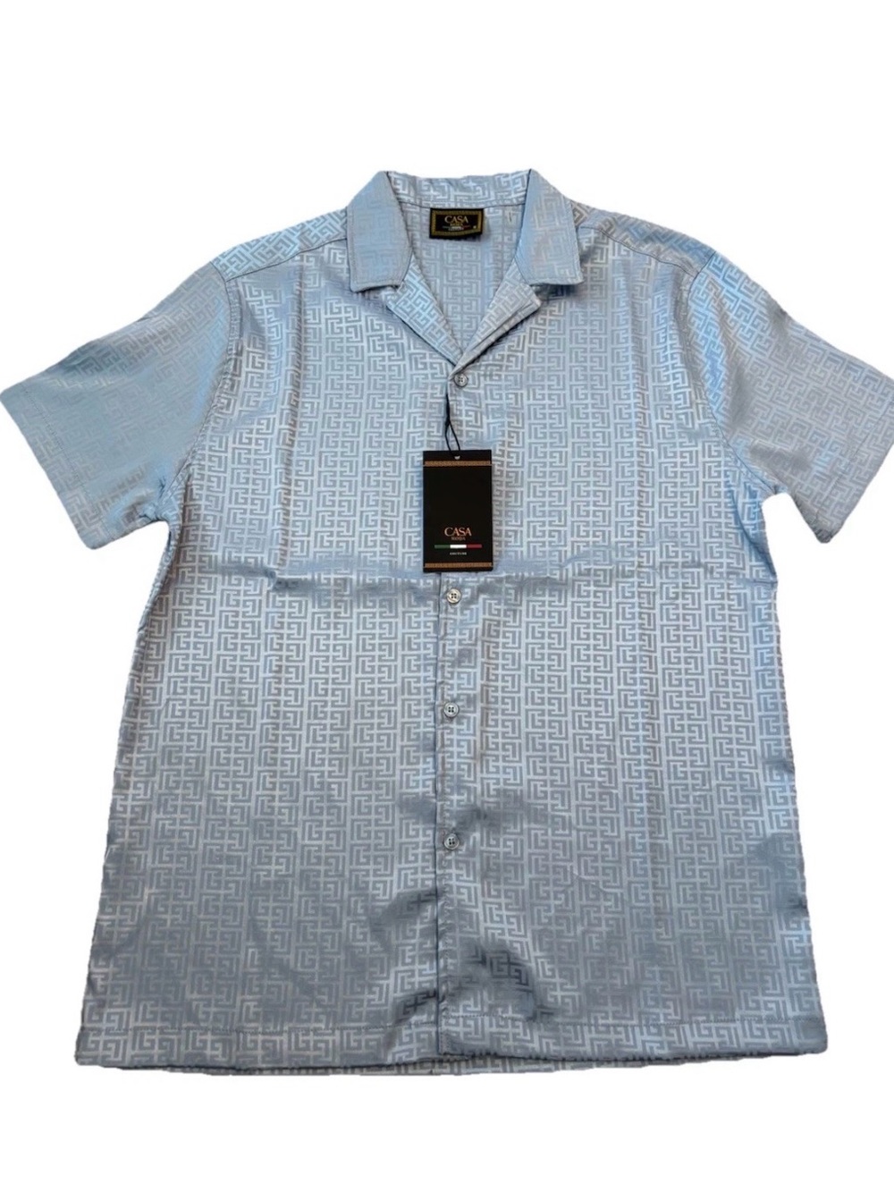 Casa Moda Men’s Silky Woven Light Blue S/S Geometric  Button-Up Shirt - Small